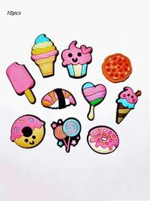 10pcs New Design Detachable Clogs Beach Sandals Accessories Charms, Cute Pink Dessert & Ice Cream Patterns, Clog DIY Decorations School