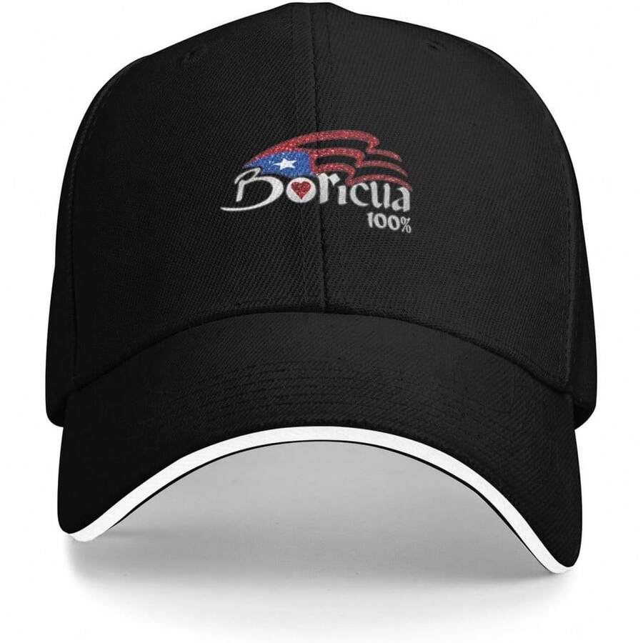 Puerto-Rico-Flag-Boricua Casual Sandwich Baseball Hat, Stylish Baseball Cap For Daily Wear Black Unisex Baseball Cap Fits Adjustable Sandwich Bill Cap Black For Outdoor Sports, Vacation, Running, Hiking, Golf, Fishing, Travel, Sun Protection Hat - Black - View 1