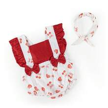 Jardineira de Verão Romper Estampado Menina Infantil - Vermelho - Visão 2