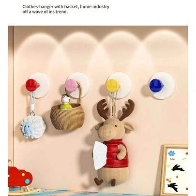 4pcs Dopamine Shaped Suction Cup Wall Hooks, Heavy Duty No Damage Adhesive Hooks For Bathroom, Kitchen, Office, Hotel, Bar, Party, Dorm, Home Use, Perfect Organization Solution With Strong Grip, Removal Without Wall Damage, Multi-Purpose Hanger Set For Everyday Living, Ideal For Towels, Mugs, Keys, Craft Supplies, Remote Controls, Accessories, And More Potential Space Enhancements