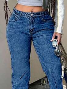 Jeans rectos casuales de pierna ancha con bolsillos para mujer talla grande