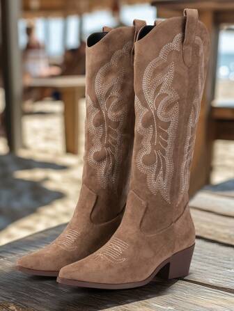 Autumn/Winter Comfortable High Shaft Chunky Heel Anti-Slip Versatile Knee-High Boots, Retro Western Style Embroidered Boots, Casual Over-The-Knee Boots For Women,Cowboy Boots