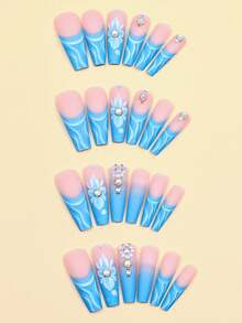 24 Stücke französisch blaue gefrostete Blumen mit Diamant Aufkleber Nagelbedarf und 1 Nagelfeile Streifen + 1 doppelseitiges Klebeband für Nägel - Blau - Übersicht 4