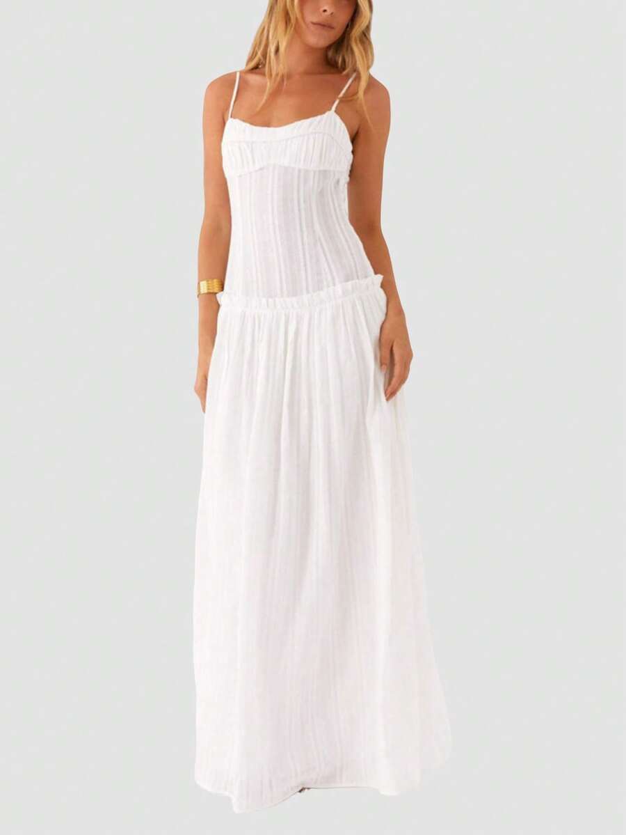 Women Y2K Maxi Dress Elegent Solid Color Spaghetti Strap Square Neck Pleated Front Flowy Long Dress Summer Backless Sleeveless Ruched Ruffle Hem Going Out Cami Dresses Party Club Beach Vacation Sundress - 白色 - 查看 1