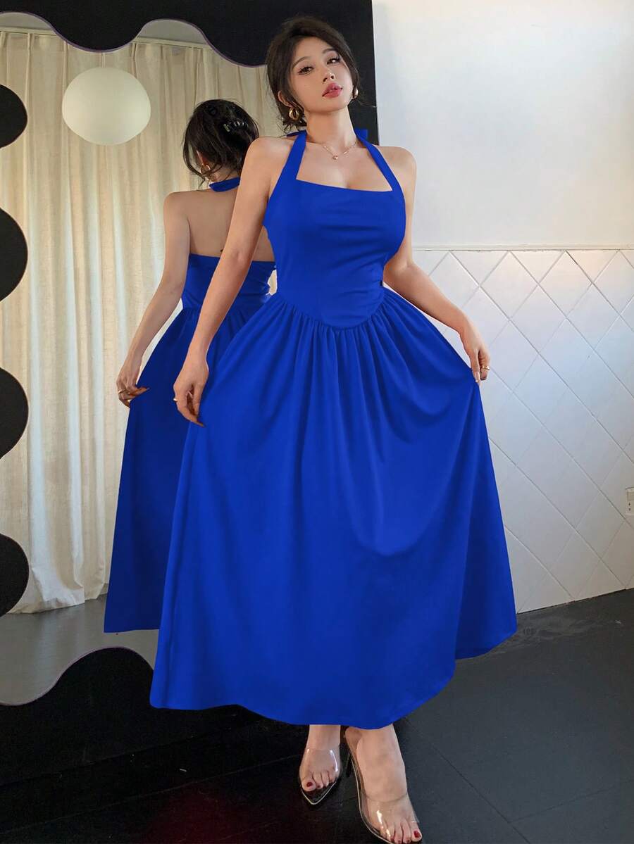 abyoxi Red Color Sexy Halter Neck Backless A-Line Midi Elegant Party Dress With Waist Design For Wedding Dating Dress Evening Party Festival Hot Girl Young Hot Style Spring And Summer New Women's Clothing