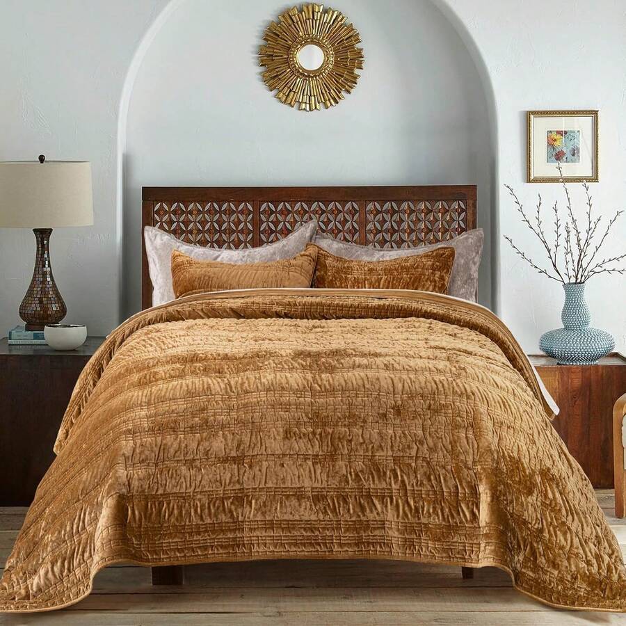 Luxury Ruched Velvet Quilt Queen Size, Ultra Soft Bedspread Coverlet Set, Lightweight Velvet Comforter, Quilted Bedding Cover With 2 Matching Shams For All Season, Stormy Blue - Gold Yellow - View 1