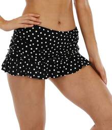 Halcurt Women's Low Waisted Ruched Ruffle Swim Skirts With Hipster Bikini Bottoms Tummy Control Swimsuit - Black/Polka Dot - View 3