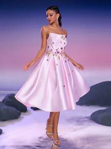 Anymoon Elegant Floral Embroidered Strapless Formal Dress - Pink - View 8