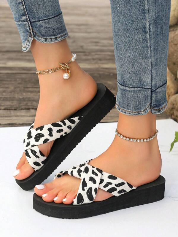 Sandali con zeppa e plateau in stile leopardato, sexy e solidi, moda estiva da esterno, con suola antiscivolo spessa, ciabatte da spiaggia con fascia e tacco medio