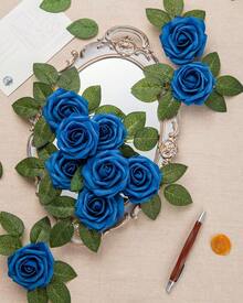 25Pcs Artificial Roses Flowers Fake Roses With Stems Real Touch Foam Flowers For DIY Wedding Bouquet Baby Shower Centerpiece Floral Arrangement Party Home Decor(Dark Red) - Royal Blue - View 4