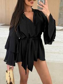 1pc Women's Casual Multi-Layered Sleeve V-Neck Tie Waist Long Sleeve Shirt, Suitable For Spring, Summer, Autumn - Black - View 4