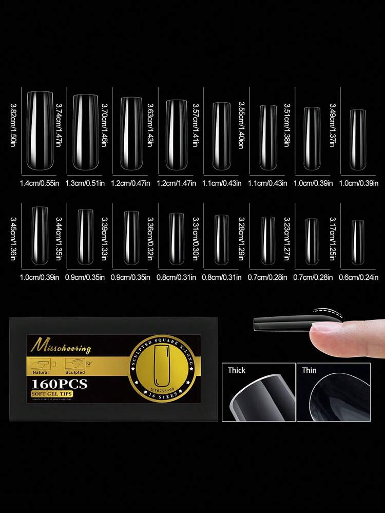 160pcs L-2XL Glossy False Nail Tips Deep C-Curve Sculpted Thick Soft Gel Acrylic Nails Almond&Coffin&Stiletto&Square&Round Full Cover Press On Nails Artificial DIY Extension Supplies For Women Girls - Clear - View 24