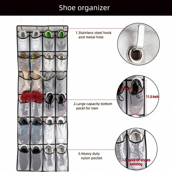 Lot de 2 sacs de rangement à suspendre pour chaussures, organiseur multifonctionnel à 24 poches pour bouteilles d'eau, design pliable à fixation murale