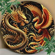 1 pieza Placa metálica redonda con diseño de Dragón y Fénix - Decoración de pared imaginativa para la cueva de hombres, el hogar, el jardín, la terraza, el bar, la decoración de la habitación