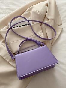 New Women Solid Color PU Leather Small Square Handbag, Simple & Fashionable Shoulder Bag For Outings, Versatile & With Detachable Adjustable Strap , Purple - Purple - View 9