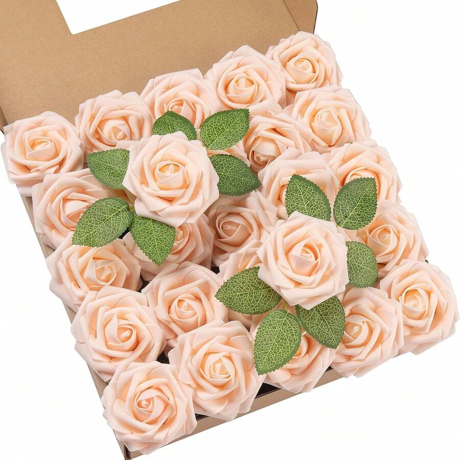 25Pcs Artificial Roses Flowers Fake Roses With Stems Real Touch Foam Flowers For DIY Wedding Bouquet Baby Shower Centerpiece Floral Arrangement Party Home Decor(Dark Red) - Jingga-merah muda - View 1