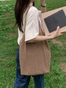 Women's Shoulder Bags Casual Straw Wicker Woven Ladies Handmade Totes Large Capacity Summer Beach Female's Messenger Bag Summer Large Capacity Crochet Knit Bag Women Woven Vintage Beach Shoulder Bag For Vacation Work Commute