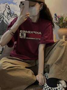 2025 夏季印花短袖 T 恤，时尚街头品牌女士上衣，百搭半袖设计 - 酒紅色 - 查看 6