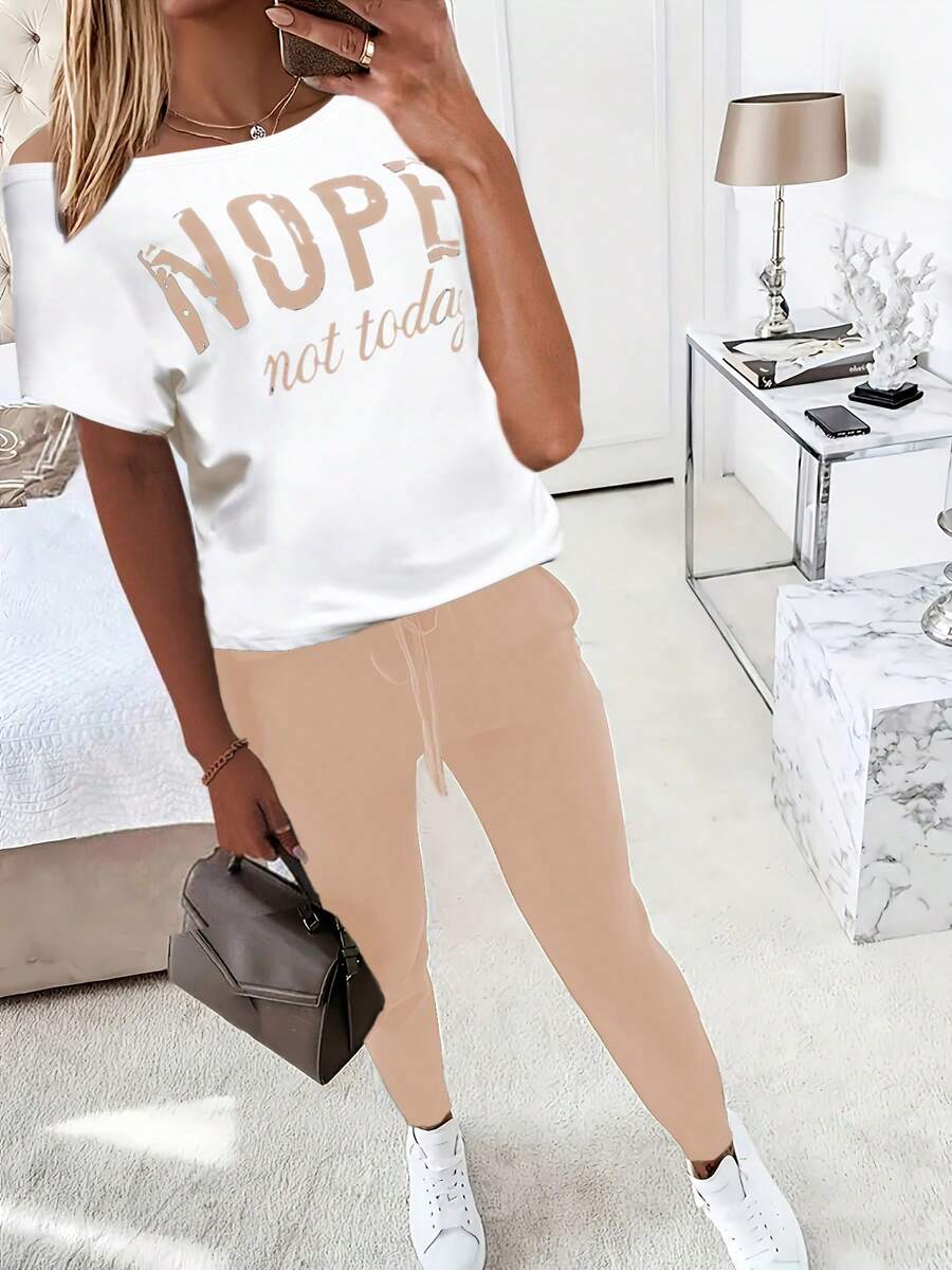 2pcs/Set Casual Letter Print Short Sleeve T-Shirt And Lounge Pants Set - Apricot - View 1