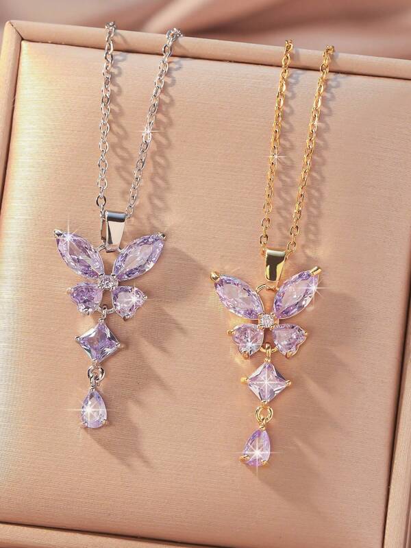 1 pezzo Collana con ciondolo a farfalla con nappine e zirconia cubica viola scintillante, di moda, delicata, dolce, elegante e versatile