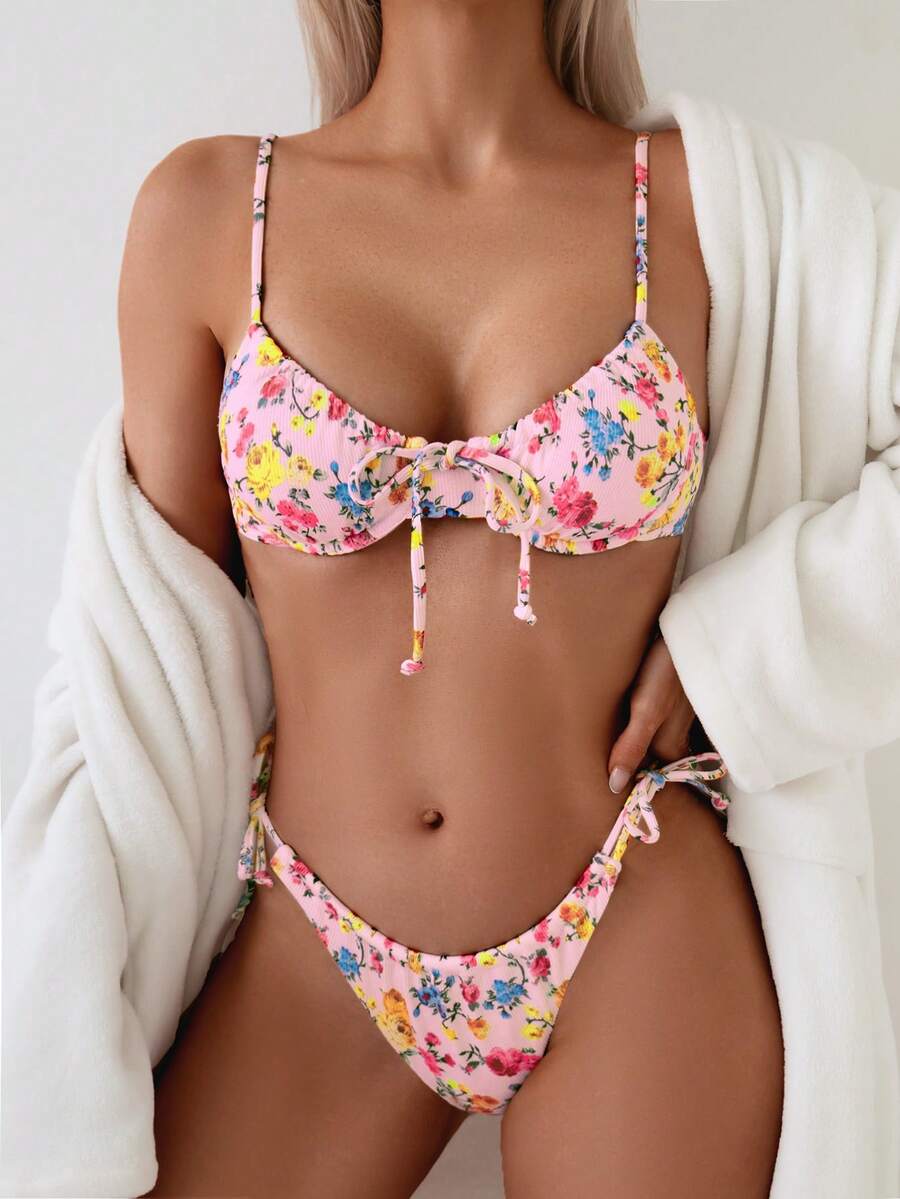一件式女式花卉印花吊带分体两件套比基尼套装带钢圈,时尚性感泳衣 - 粉紅色 - 查看 1