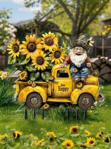 1pc 2D Printed Outdoor Garden Stake, Sunflower, Bee, Gnome, Truck Garden Signage Decor (20cm/7.87in) - Colorful Cute Fairy Garden Accessory, Acrylic Rustic Floral Design, Back To School, Holiday Decoration, Suitable For Yard, Lawn And Planters, Gift