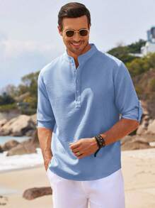 Camicia henley a maniche lunghe da uomo, con collo bottondato, a disegno a righe e quadri, casual e confortevole, in tessuto morbido, per uso quotidiano, estivo, da spiaggia e vacanza, con maniche arrotolabili, abbigliamento maschile di moda, adatto all'uso all'aperto, vestibilità classica, versatile, leggera, maglietta da uomo per uso quotidiano