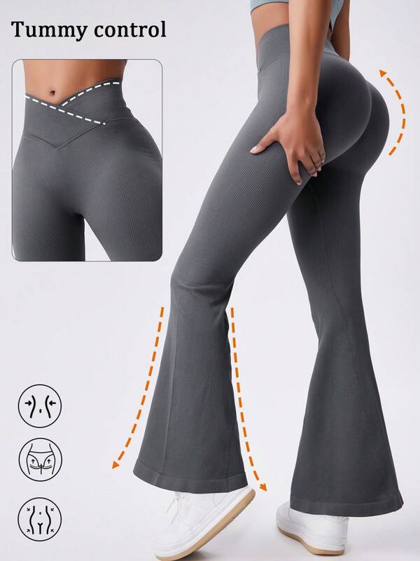 1pc Women's Ribbed Lifting Booty Sculpting Flare Yoga Pants, High Waist V-Shape Gym Leggings