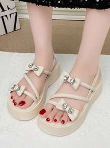 Summer New Crystal Sandals Women Outdoor Wear Bowknot Increased Height Sandals Black Classic Versatile Holiday Beach Strap Sandals Women Thick Bottom Platform Increased Height Slimming Cute Fairy Roman Sandals For Women
