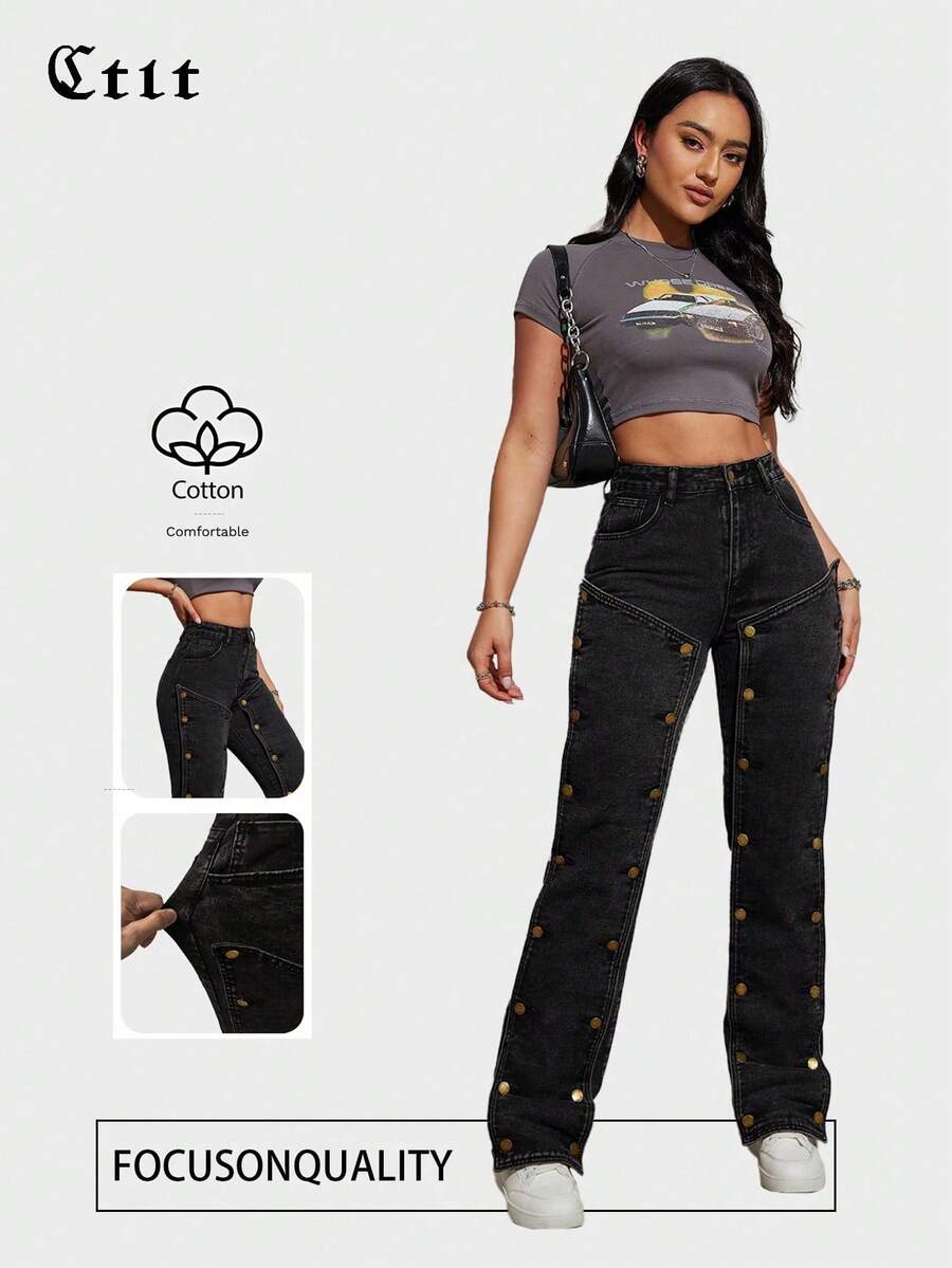 STLT Style streetwear américain, jean en denim avec coupe ample hip hop, élastique, amovible et design patchwork à boucles multiples - Noir - Voir 1