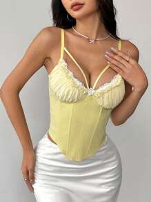 Camisola estilo verão INS com aro em malha de cor doce e renda contrastante, regata sem costas de alta qualidade