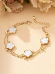 1 pièce Style plage d'été Bracelet de cheville à double couche en forme de trèfle doux, cadeau de mode pour femmes en vacances (le nombre de perles sur la deuxième couche est aléatoire, certaines noires doivent être pelées) Saint-Valentin