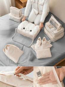7 pièces Set d'organisateurs de voyage portables, fabriqués en tissu léger et résistant aux plis, incluant des cubes d'emballage pour vêtements, des sacs à chaussures transparents, une pochette pour cosmétiques, un sac de toilette, un sac à linge en maille, un design à compartiments efficace pour les valises et les rangements d'armoire à la maison - Multicolore - Voir 3