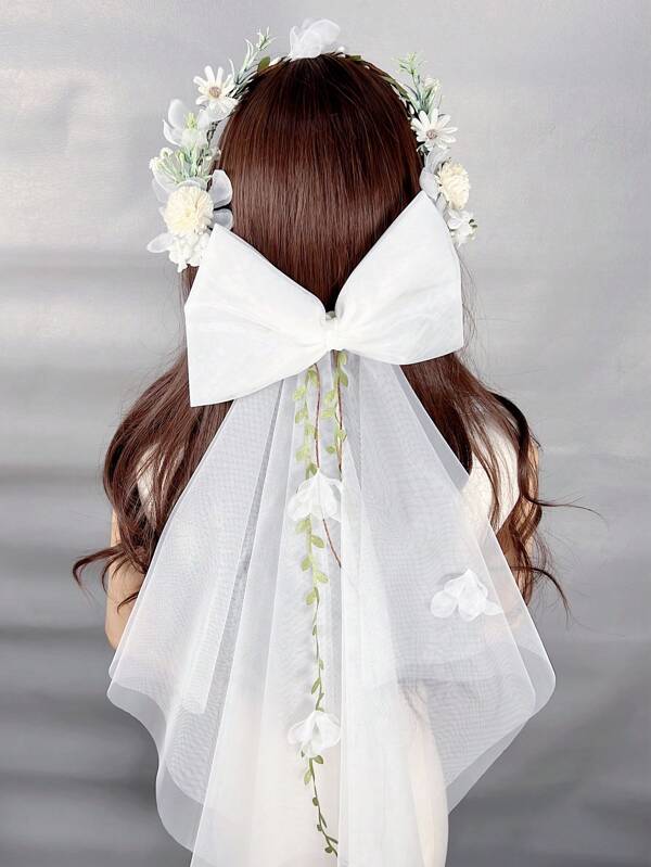 1pc Women's Elegant Bridal Flower Crown Veil, Designed With Big Bow And Green Vine, Suitable For Weddings And Parties