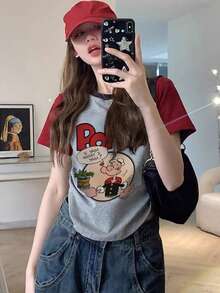 Women Summer Wine Red Patchwork Insert Sleeve Round Neck Cartoon Letter Print Casual Vacation Everyday Short Sleeve Crop Top T-Shirt - Red - View 2