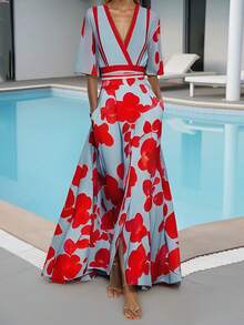 Women Belted Short Sleeve Dress Casual Summer Floral Print V-Neck Wrap A-Line Party Dress For Cocktail Streetwear - 紅色 - 查看 1