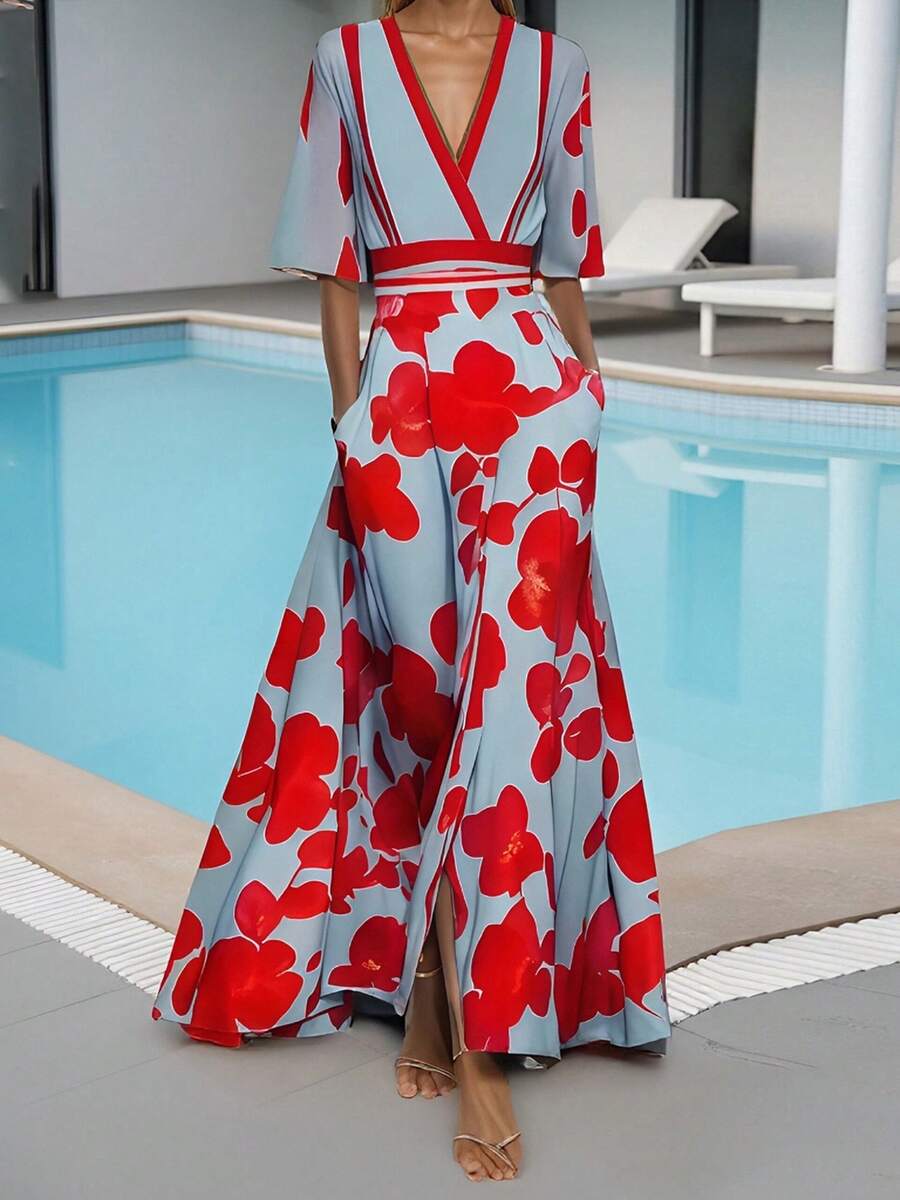 Women Belted Short Sleeve Dress Casual Summer Floral Print V-Neck Wrap A-Line Party Dress For Cocktail Streetwear - 紅色 - 查看 1