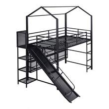 Twin Size House Metal Loft Bed With Iron Mesh Shelves And Slide,Black-9881 - Multicolor - View 7