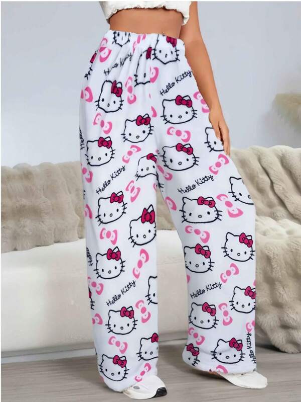 1 pieza Pantalón de pijama de franela estilo Sanrio, pantalones casuales con estampado de Hello Kitty en todo el diseño para adolescentes y mujeres, suave animación de dibujos animados, regalo de moda para otoño/invierno