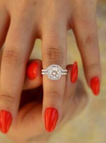 2 Stücke/Set 1ct 4-Krallen Rund & Einreihiges Design Farbloser Moissanit Diamant 2-in-1 Doppelringset Damen Verlobungsring 925er Sterling Silber Einfach Romantisch Paar Ring Ewigkeitsring Hochzeitstag Ring Luxusschmuckgeschenk