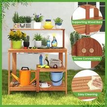 GOFLAME Garden Potting Bench Table With Storage, Outdoor Wood Planting Workstation With Open Shelves And Teak Oil Finish, Patio Horticulture Work Bench For Backyard - 橘色 - 查看 7