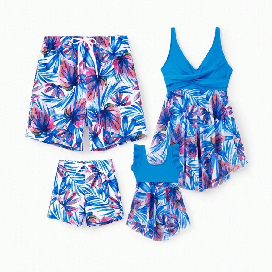Blue Foliage Mesh Matching Swimsuits For The Whole Family - Blue - View 1