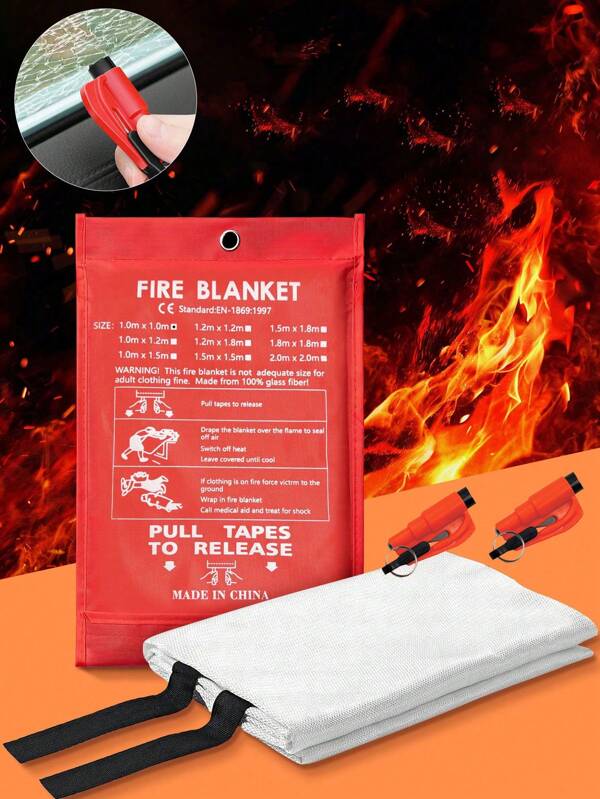 3 Stücke Feuerlöschdecke und 2-in-1 Gurt-Durchtrenner mit Autoschlüsselanhänger Set, Sicherheitshammer, Mini-Feuerhammer, Auto-Notfall-Fluchtgerät, Haus Glasfaser-Feuerlöschdecke für Auto, Kamin, Camping, Picknick, Lebensrettung