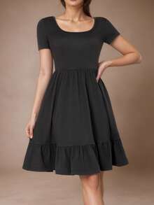 Abito casual a maniche corte lavorato a maglia di colore unito per ragazze adolescenti (YY824) - nero - Visualizzare 9