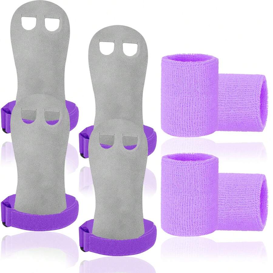 Conjuntos de muñequeras de agarre para gimnasia para niñas, jóvenes y niños, 1 par de equipos de protección para las palmas con soporte para muñecas, juego de guantes de agarre para barra de gimnasia - Morado - Ver 1