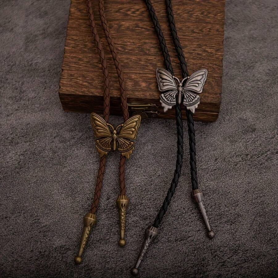 1pc Vintage Bolo Tie Necklace, European & American Style Bolo Cord Necklace, Butterfly Design Long Necklace - Gold - View 1