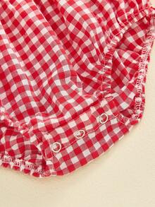 Infant Baby Girls Romper Ruffle Sleeve Pleated Smocked Bubble Plaid One Piece Ruched Jumpsuit Spring Fall Bodysuit - Red - View 5