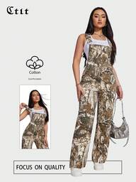 Women's Spring And Autumn Fashion Adjustable Length Non-Stretch Camouflage Y2K Cargo Overalls With Porket