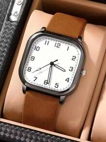 1 pieza Reloj de pulsera de cuarzo clásico y de moda para hombre con correa y esfera cuadrada, diseño minimalista casual, sin caja