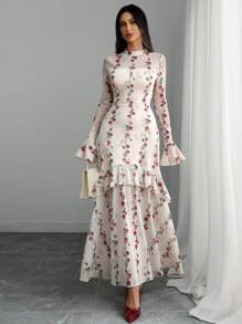Damen elegantes, sexy französisches romantisches Kleid mit Rüschen-Blumen-Ärmeln, doppelter Lage und asymmetrischer Rüschenborte